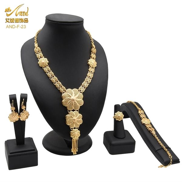 Afrikanischer edler Schmuck Sets Goldfarbe Halsketten Ohrringe Set Indisches Armband Ringe für Frauen Dubai Nigerian Hochzeitsgeschenke 220726