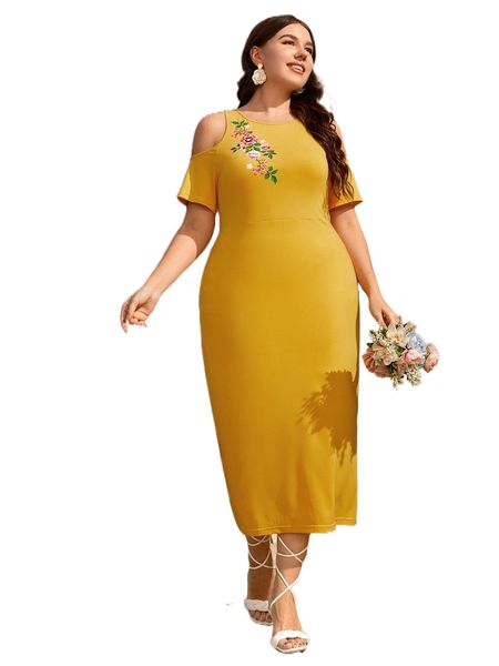 

plus floral print cold shoulder dress z4xi#, Black