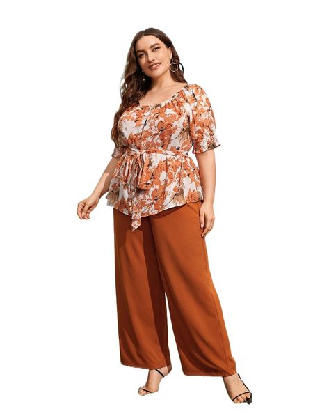 

plus floral print shirred belted & wide leg pants 59uf#, Black