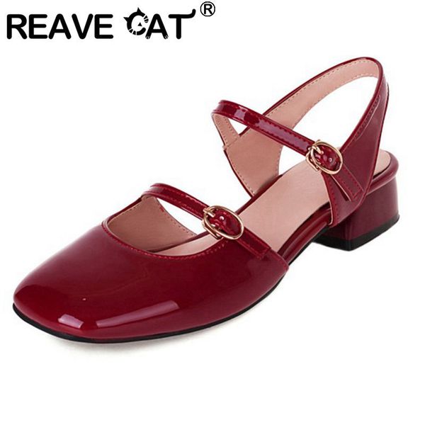 

reave cat women sandals square toe 3cm block heels patent leather buckle classic vintage big size 34-43 casual a3895 220422, Black
