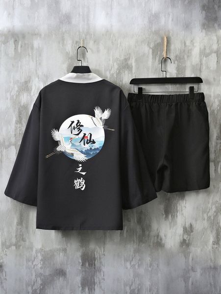 

men crane chinese letter graphic kimono with shorts 32rs#, Gray