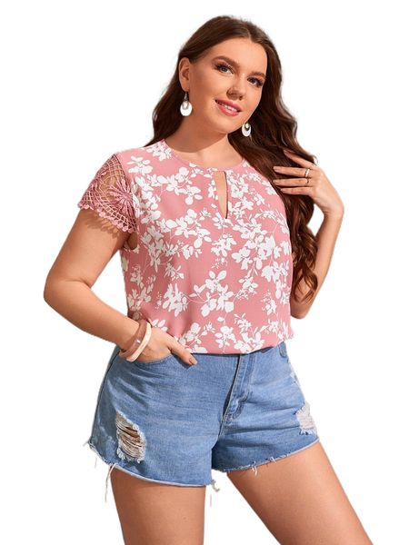

plus floral print keyhole neck guipure lace insert blouse g63f#, Black