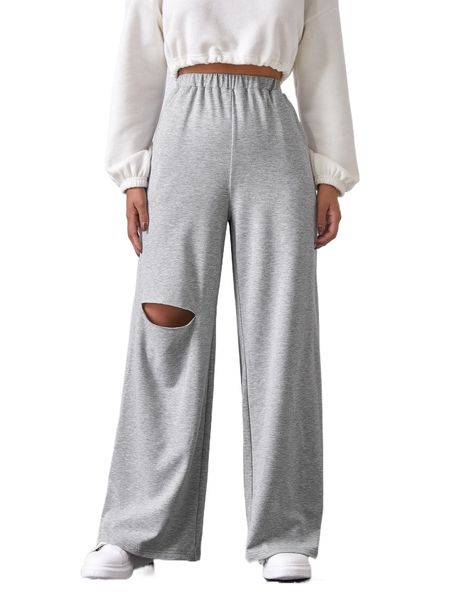 

ripped front wide leg pants 49y2#, Black;white