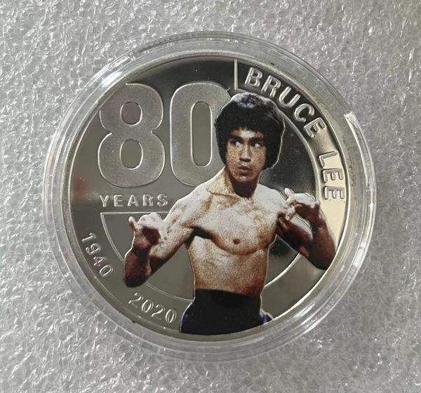 5pcs/lote Presentes chineses Kungfu Star Bruce Lee O 80º Aniversário Comemorativo Coin Dragon Silver Plated Challenge Coin.CX