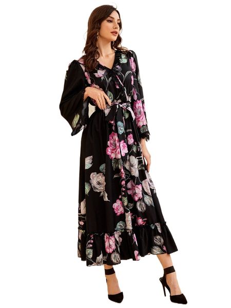 

floral print belted contrast lace ruffle hem dress k5rz#, Black;gray
