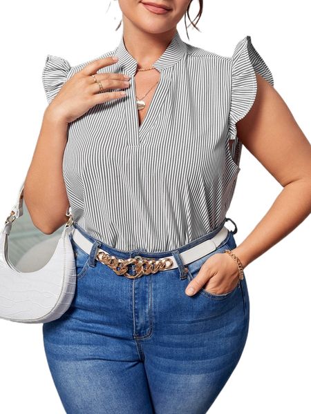 

plus vertical striped notch neck blouse z7d4#, Black