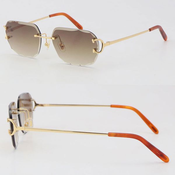 Tasarımcı Rimless Elmas Kesim Lens Güneş Gözlüğü Kadınlar için CT00920 C Dekorasyon Tasarımı Erkek Gözlükler Çerçeve Adam UV400 Güneş Gözlükleri Kadın Boyut 58 Kahverengi Bacak Kapakları