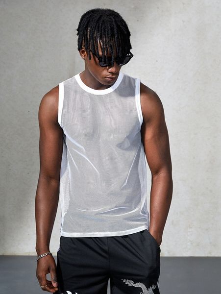

men solid fishnet muscle tank s9ig#, White;black
