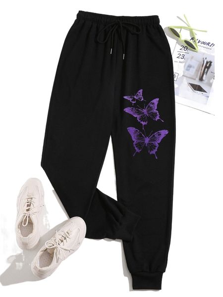 

butterfly print drawstring waist sweatpants s44n#, Black;white