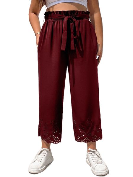 

plus laser cut belted paperbag waist pants k3co#, Black