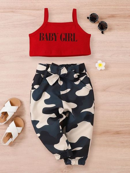 

toddler girls letter graphic cami & camo print belted pants she, White