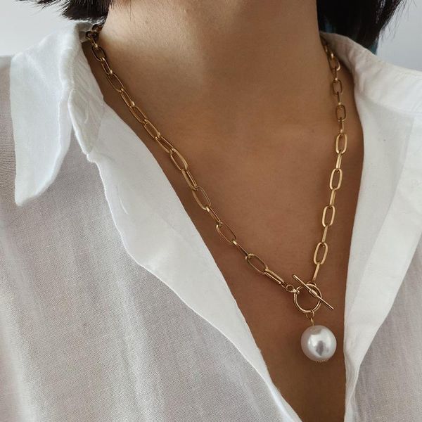 

pendant necklaces srcoi metal thick chain white pearl balls necklace toggle clasp big chunky simple punk style long female, Silver