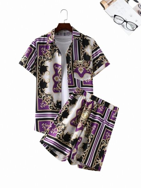

men baroque print shirt & shorts without tee r28k#, Gray