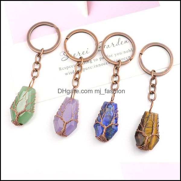 Principais anéis RETRO A Árvore Handmada da Vida Coffin Shape Reiki Cura Chakra Quartz Mineral Torcado Gemtones Keychain MJFashion Dhuk5