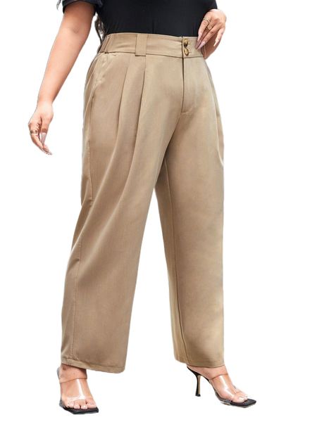 

plus solid plicated detail slant pocket tailored pants v0zm#, Black