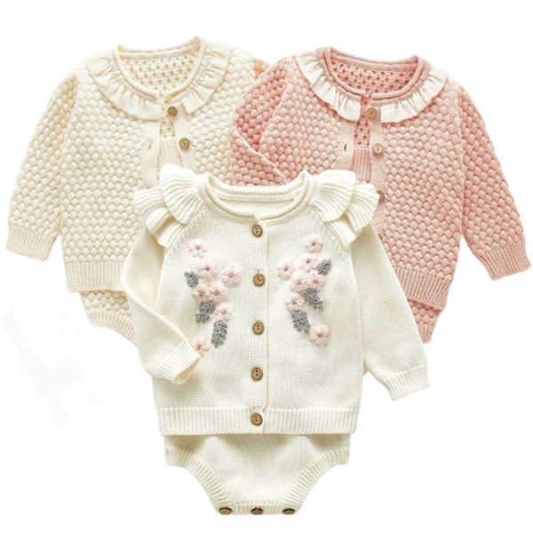 

children clohting autumn embroidery flowers fashion baby girls clothes long sleeve knit cardiganromper sets 220721, White
