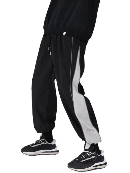 

men colorblock drawstring waist pants k7xz#, Black