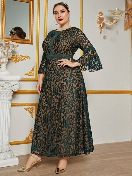 

plus flounce sleeve scroll print lace prom dress 52ly#, Black
