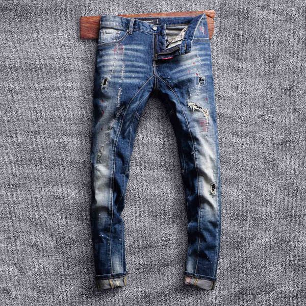 

men's jeans high end spray painted distressed jeans men's fashion brand hole slim fitting stitching washed pants sn9x, Blue
