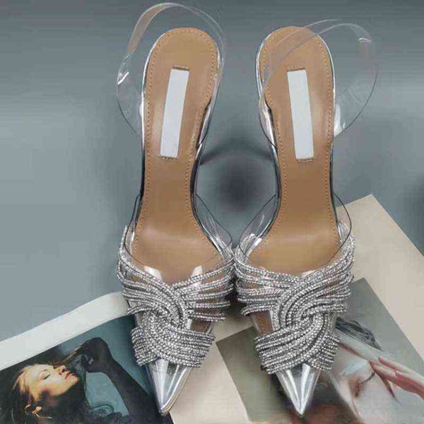 

2022 rhinestones pointed toe women sandals new female transparent thin high party shoes ladies pu leather shallow footwear t220730, Black