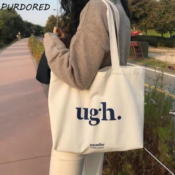 

purdored 1 pc women casual shoulder bag large capacity canvas tote bags shopper ugh letter fashion zipper print handbags