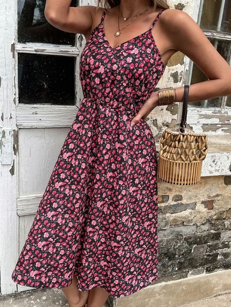 

floral print surplice neck cami dress g9da#, Black;gray