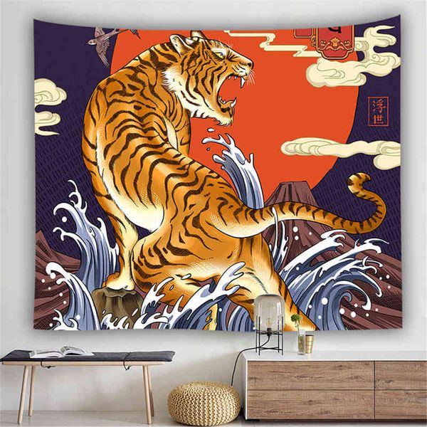 Tappeti da parete giapponesi Ukiyoe Pattern Tiger Whale Psychedelic Kanagawa Waves Hippie Anime Tapestry Mandala Wall Hanging Blanket J220804