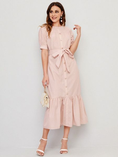 

button front puff sleeve ruffle hem belted dress v6vy#, Black;gray