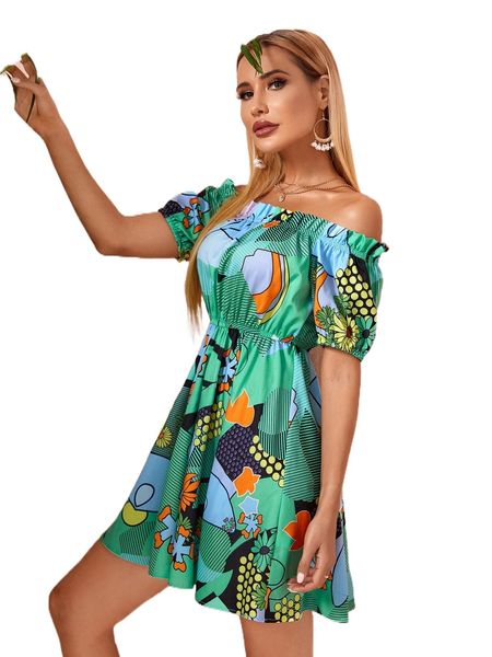

striped & floral print off shoulder frill trim dress v0g0#, Black;gray
