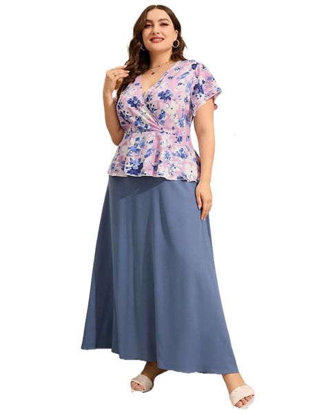 

plus floral print butterfly sleeve peplum 2 in 1 dress w5cn#, Black