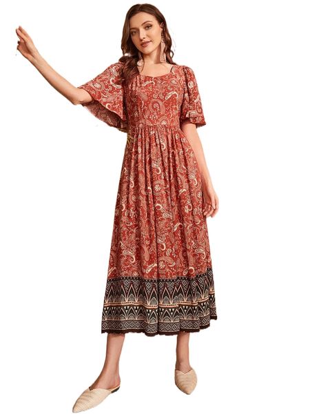 

paisley print flounce sleeve dress a0xg#, Black;gray