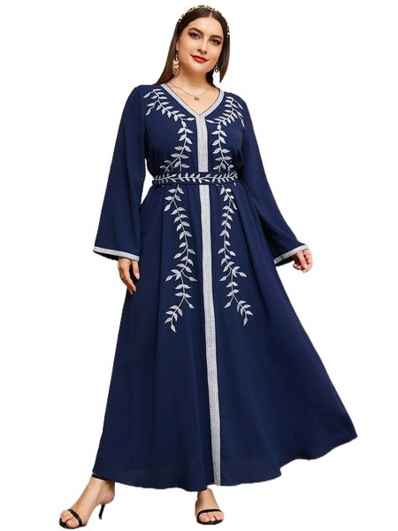 

plus plant embroidery contrast trim belted dress b4ta#, Black