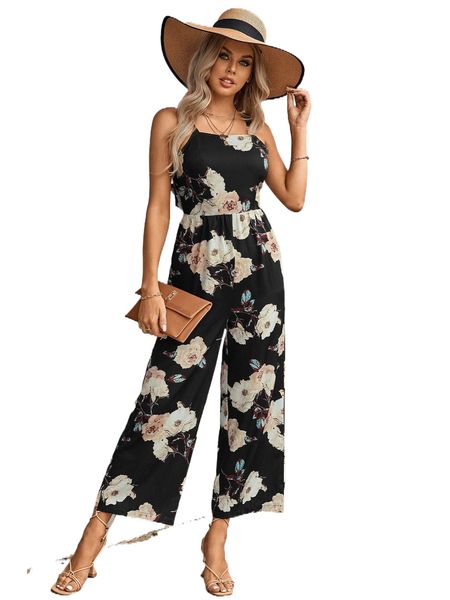 

floral print tie backless cami jumpsuit w0qx#, Black;white