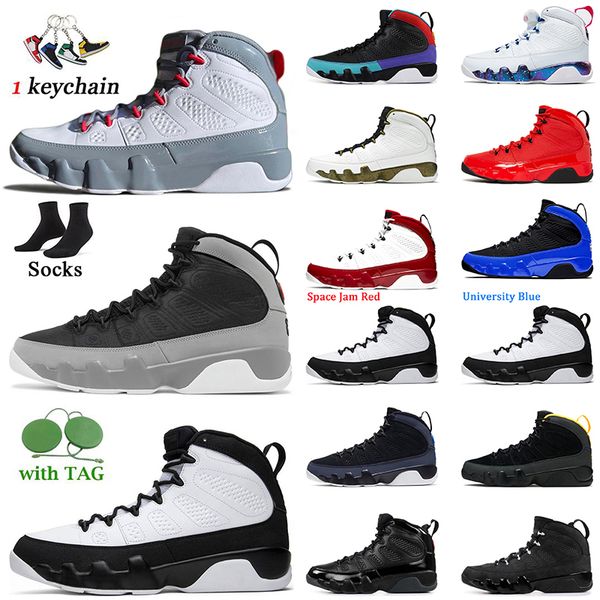 

fashion mens jumpman 9 athletic sport basketball shoes with socks particle grey 9s fire red university gold racer blue white pink multi