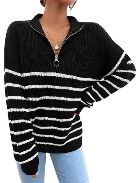 

striped drop shoulder zipper front sweater b4jy#, White;black