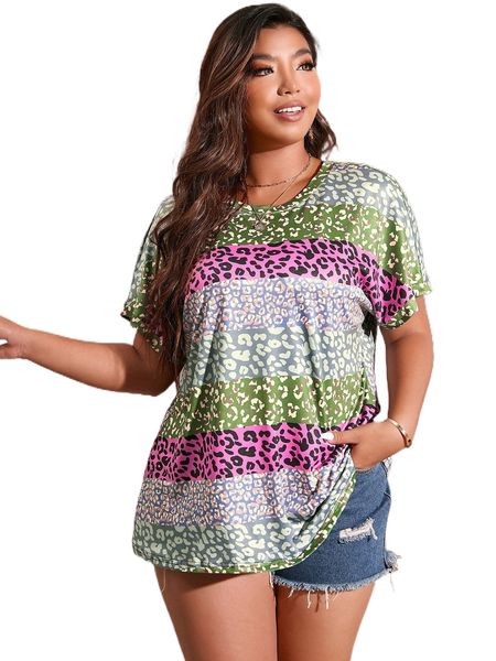 

plus colorblock leopard batwing sleeve tee q5t3#, Black