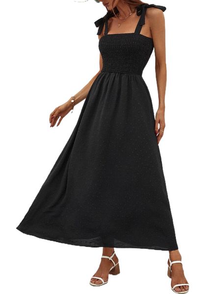 

women's casual dresses knot straps shirred bodice cami dress a7n9#, Black;gray