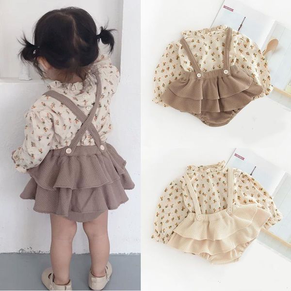 

baby girl clothes set spring summer linen cotton girls floral pullover shirt vintage suspender romper dress newborn outfits, White