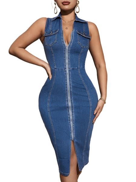 

sxy zipper flap pocket split hem denim dress m03i#, Black;gray