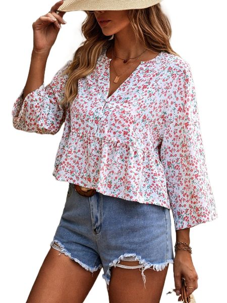 

ditsy floral print notched neck blouse x92v#, White