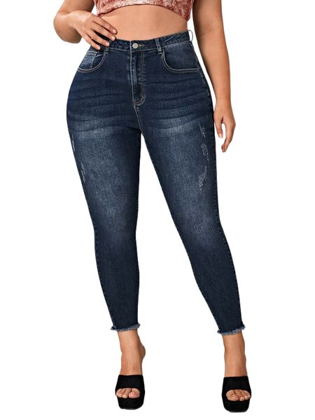 

plus washed raw hem jeans 089l#, Blue