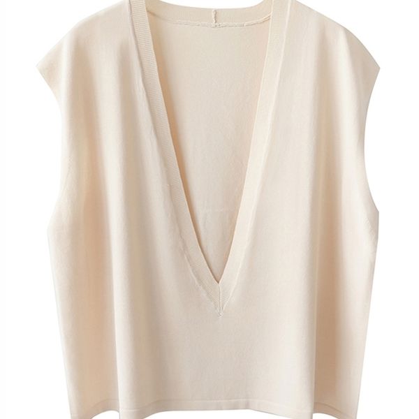 

beige big v-neck loose viscose thin vest ladies summer tank sleeveless b-148 220316, White