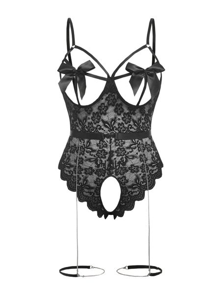 

plus floral lace bow front underwire garter teddy bodysuit z8nz#, Black;white