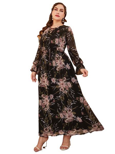 

plus random floral print flounce sleeve lace up chiffon dress 9589#, Black