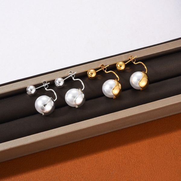 

french retro personality stud hanging pearl ball earrings female new niche design 925 silver needle fashion all-match jewelry gift, Golden;silver