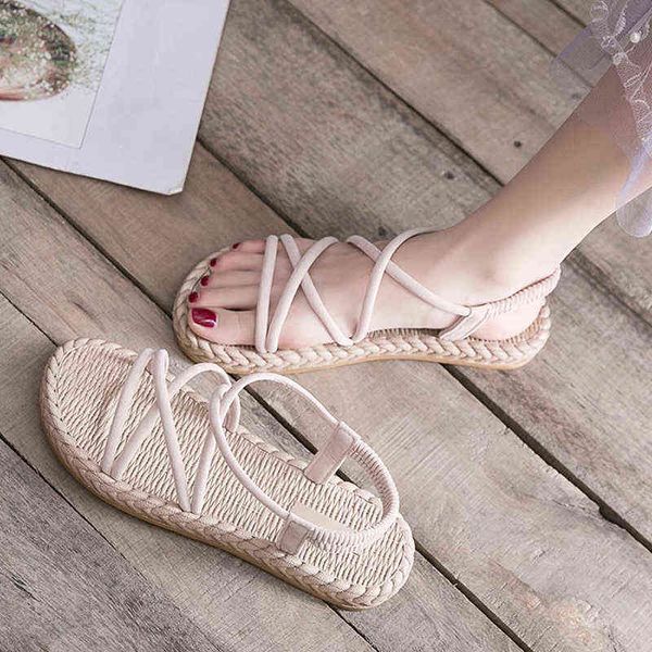 

2022 cross-tied elastic ankle strap solid color flats female sandals fashion beach rome gladiator women black shoes y220526