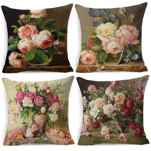 Taie d'oreiller Style Vintage Peinture À L'huile Fleurs Imprimé Housse De Coussin Oiseaux Nordiques Vase Art Décoratif À La Maison Canapé Chaise De Voiture Coussin Taie 220714