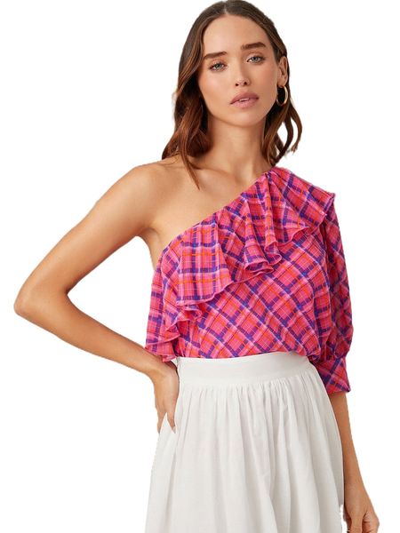

plaid print one shoulder ruffle trim t14n#, White