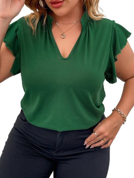 

plus notched neckline butterfly sleeve tee p0hv#, Black