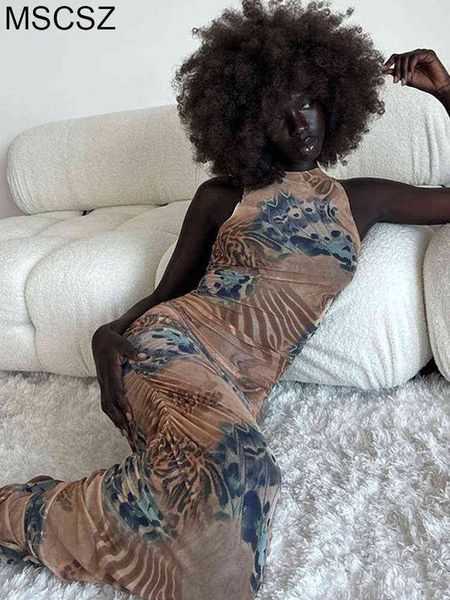 

summer leopard maxi dress women o-neck sleeveless ruched bodycon dress print night club party long dress t220816, Black;gray